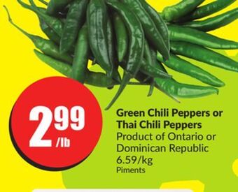 FreshCo Green chili peppers or thai chili peppers product of ontario or dominican republic 6.59/kg offer