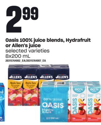 Zehrs Markets Oasis 100% juice blends, hydrafruit or allen's juice, 8x200 ml offer