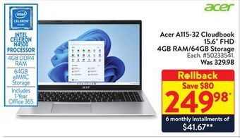 Walmart Acer a115-32 cloudbook 15.6 fhd 4gb ram/64gb storage offer