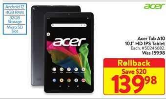 Walmart Acer tab a10 10.1 hd ips tablet offer