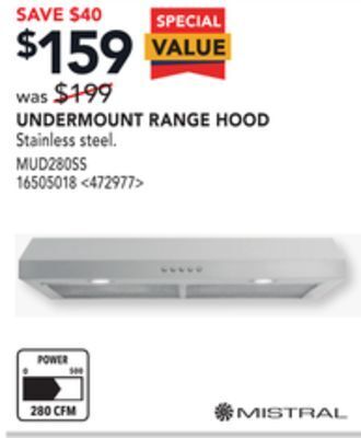 Lowe's Mistral undermount range hoods offer