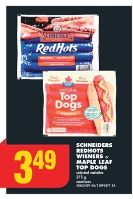 No Frills Schneiders redhots wieners or maple leaf top dogs, 375 g offer