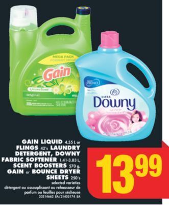 No Frills Gain liquid, 4.55 l or flings, 42's laundry detergent, downy fabric softener, 1.41-3.83 l, scent boosters, 570 g, gain or bou offer