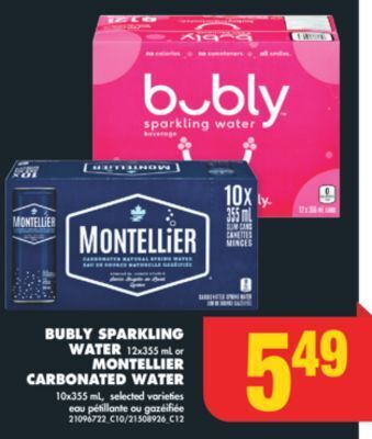 No Frills Bubly sparkling water 12x355 ml or montellier carbonated water 10x355 ml offer