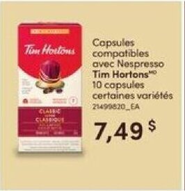 Provigo Capsules compatibles avec Nespresso Tim Hortons 10 capsules offer