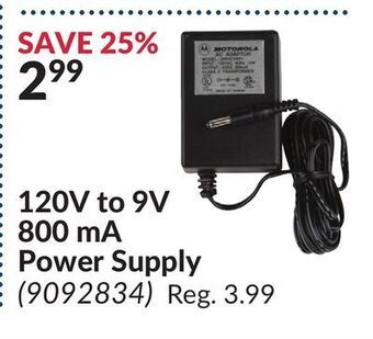 Princess Auto 120v to 9v 800 ma power supply offer