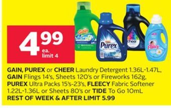Rexall Gain, purex or cheer laundry detergent 1.36l-1.47l, gain flings 14' s, sheets 120' s or fireworks 162g, purex ultra packs 15' offer