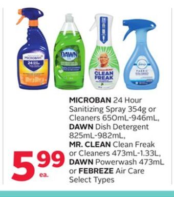 Rexall Microban 24 hour sanitizing spray 354g or cleaners 650ml-946ml, dawn dish detergent 825ml-982ml, mr. clean clean freak or cle offer
