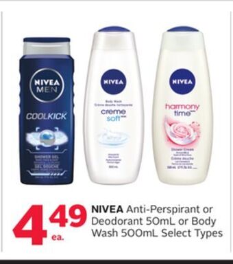 Rexall Nivea anti-perspirant or deodorant 50ml or body wash 500ml offer