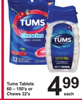 Pharmasave Tums tablets 60 – 150's or chews 32's offer