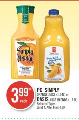 Shoppers Drug Mart Pc, simply orange juice (1.54l) or oasis juice blends (1.75l) offer
