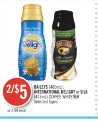 Shoppers Drug Mart Baileys (400ml), international delight or silk (473ml) coffee whitener offer