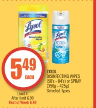 Shoppers Drug Mart Lysol disinfecting wipes (50's - 84's) or spray (350g - 425g) offer