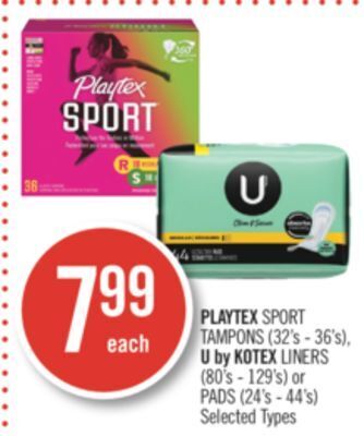 Shoppers Drug Mart Playtex sport tampons (32's - 36's), u by kotex liners (80's - 129's) or pads (24's - 44's) offer