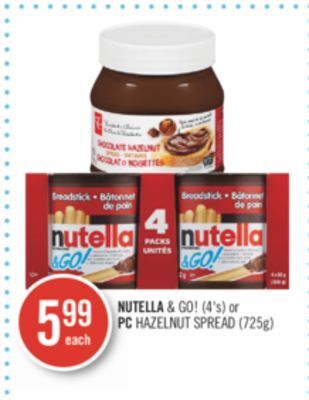 Shoppers Drug Mart Nutella & go! (4's) or pc hazelnut spread (725g) offer