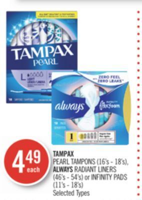 Shoppers Drug Mart Tampax pearl tampons (16's - 18's), always radiant liners (46's - 54's) or infinity pads (11's - 18's) offer