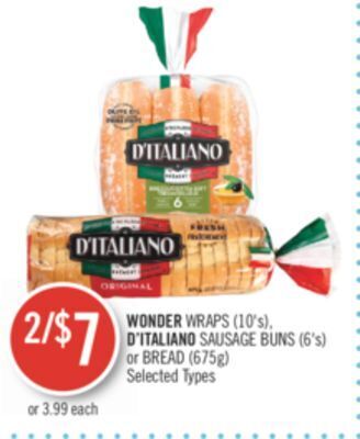 Shoppers Drug Mart Wonder wraps (10's), d'italiano sausage buns (6's) or bread (675g) offer