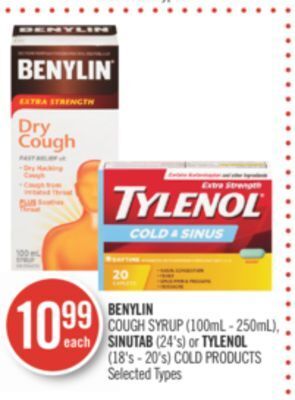 Shoppers Drug Mart Benylin cough syrup (100ml - 250ml), sinutab (24's) or tylenol (18's - 20's) cold products offer