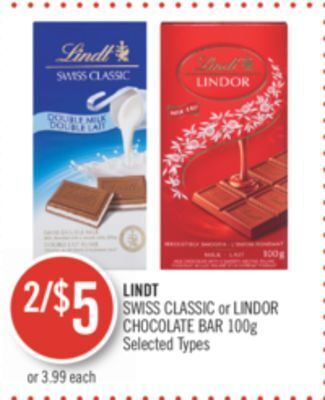 Shoppers Drug Mart Lindt swiss classic or lindor chocolate bar offer