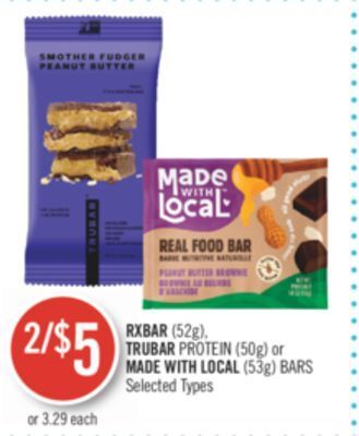 Shoppers Drug Mart Rxbar (52g), trubar protein (50g) or made with local (53g) bars offer