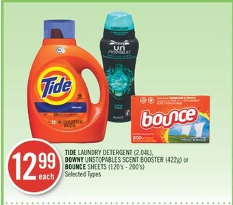 Shoppers Drug Mart Tide laundry detergent (2.04l), downy unstopables scent booster (422g) or bounce sheets (120's - 200's) offer
