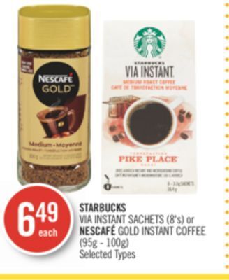 Shoppers Drug Mart Starbucks via instant sachets (8's) or nescafé gold instant coffee (95g - 100g) offer