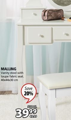 JYSK Malling vanity stool with taupe fabric seat offer