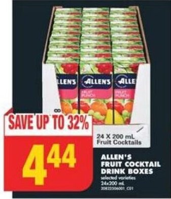 No Frills ALLEN'S FRUIT COCKTAIL DRINK BOXES selected varieties 24x200 ml offer