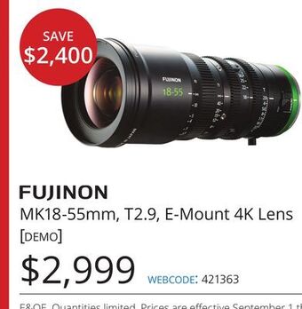 Vistek Fujinon mk18-55mm, t2.9, e-mount 4k lens offer
