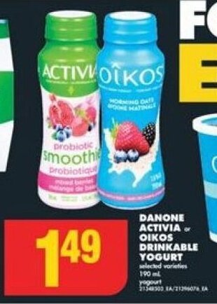 No Frills DANONE ACTIVIA or OIKOS DRINKABLE YOGURT offer