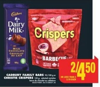 No Frills CADBURY FAMILY BARS 95/100 g or CHRISTIE CRISPERS 145 g offer