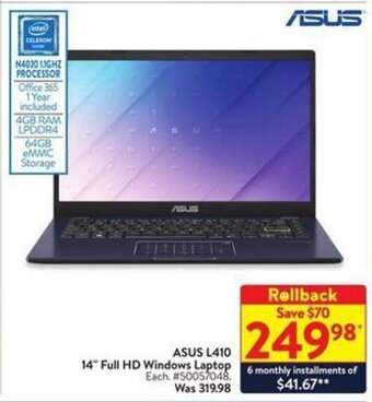 Walmart ASUS L410 14" Full HD Windows Laptop offer