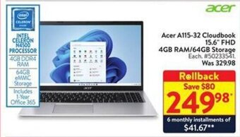 Walmart Acer A115-32 Cloudbook 15.6" FHD 4GB RAM/64GB Storage offer