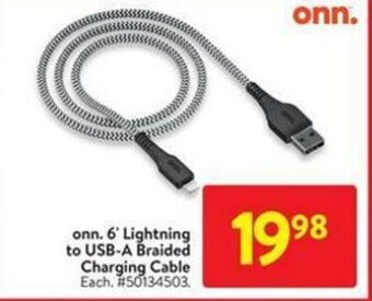 Walmart onn. 6' Lightning to USB-A Braided Charging Cable offer