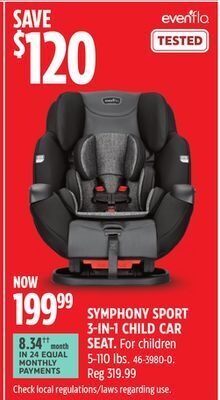 Canadian Tire Evenflo symphony sport 3-in-1 child car seat offer