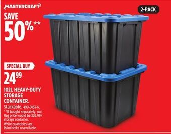 Canadian Tire Mastercraft 102l heavy duty storage container offer