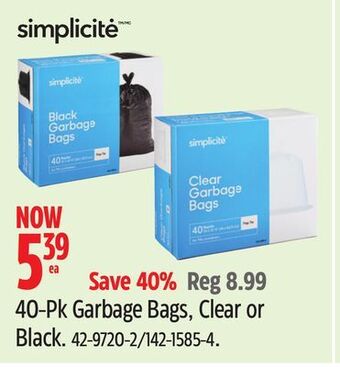 Canadian Tire Simplicite 40-pk garbage bags, clear or black offer