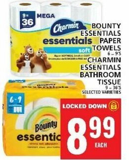 Food Basics BOUNTY ESSENTIALS PAPER TOWELS , CHARMIN ESSENTIALS BATHROOM TISSUE 9-36'S offer