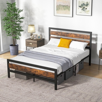 Best Buy Costway full/queen industrial metal platform bed frame rustic headboard mattress foundation offer