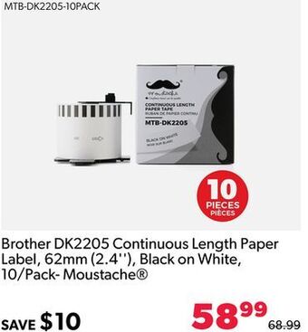 Shopper+ Brother dk2205 continuous length paper label, 62mm (2.4''), black on white, 10/pack- moustache offer