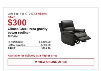 Costco Gilman creek zero gravity power recliner offer