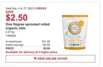 Costco One degree sprouted rolled organic oats offer