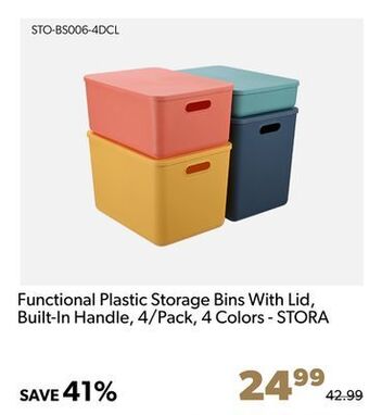 Shopper+ Functional plastic storage bins with lid, built-in handle, 4/pack, 4 colors - stora offer