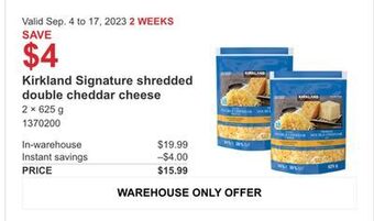 Costco Kirkland signature shredded double cheddar cheese offer