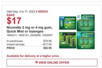 Costco Nicorette 2 mg or 4 mg gum, quick mist or lozenges offer