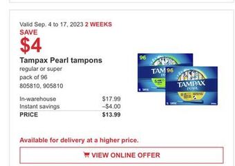 Costco Tampax pearl tampons offer