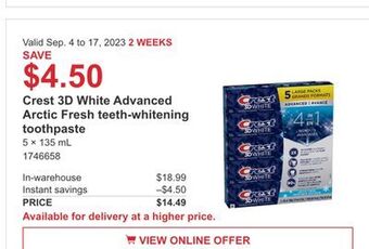 Costco Crest 3d white advanced arctic fresh teeth-whitening toothpaste offer