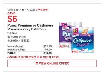 Costco Purex premium or cashmere premium 2-ply bathroom tissue offer