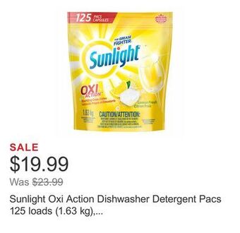 Costco Sunlight oxi action dishwasher detergent pacs 125 loads (1.63 kg), lemon fresh offer