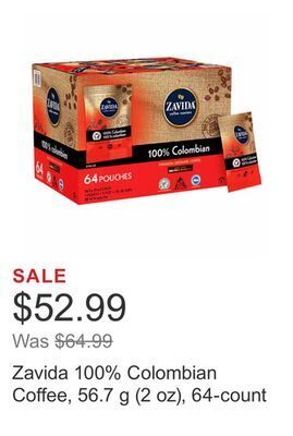 Costco Zavida 100% colombian coffee, 56.7 g (2 oz), 64-count offer